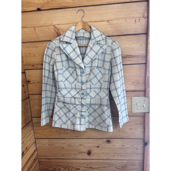 Vintage Jackets & Blazers - Vintage Plaid Linen Blazer Blue White Windowpane Check Tailored Jacket Handmade